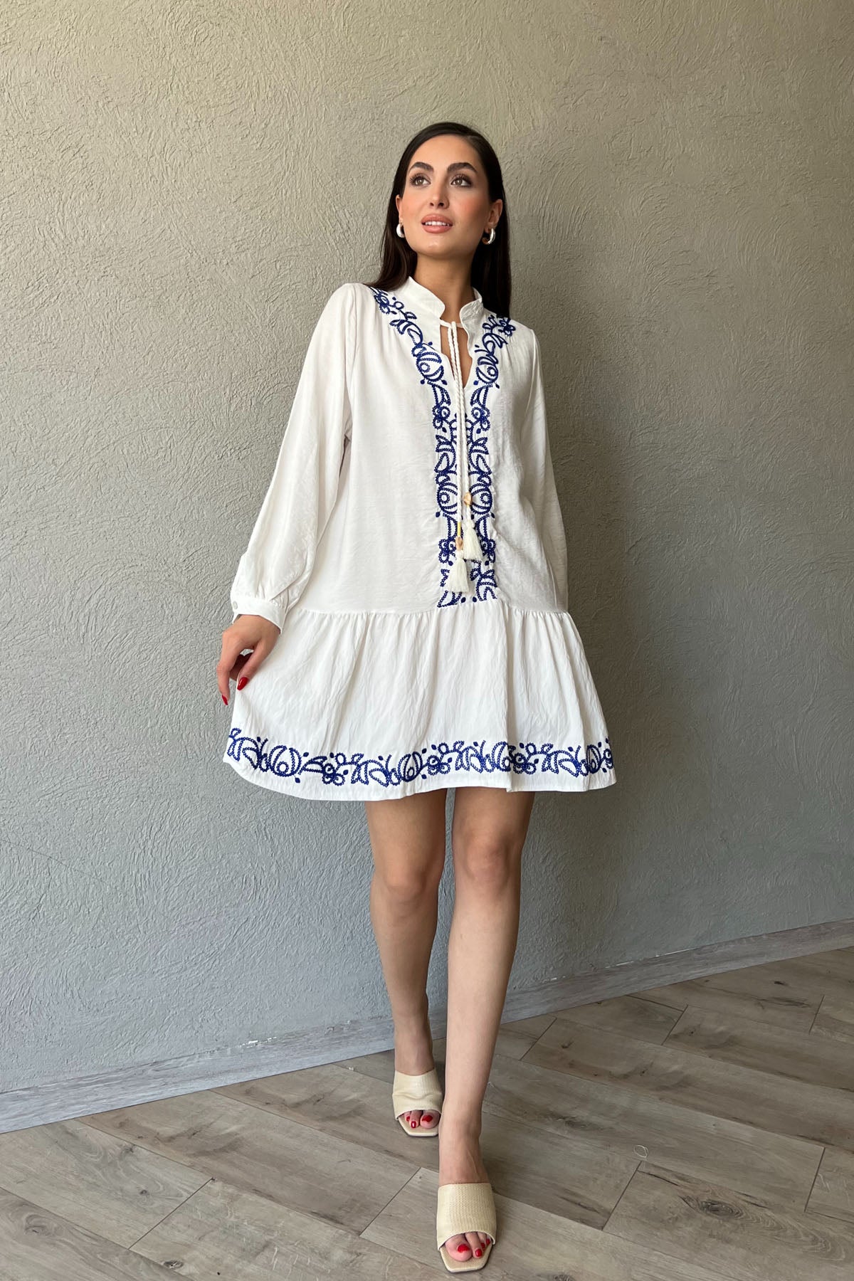 Beyaz Nakış Detaylı Keten Elbise SY-2043-Beyaz