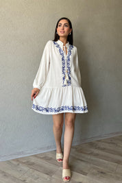 Beyaz Nakış Detaylı Keten Elbise SY-2043-Beyaz