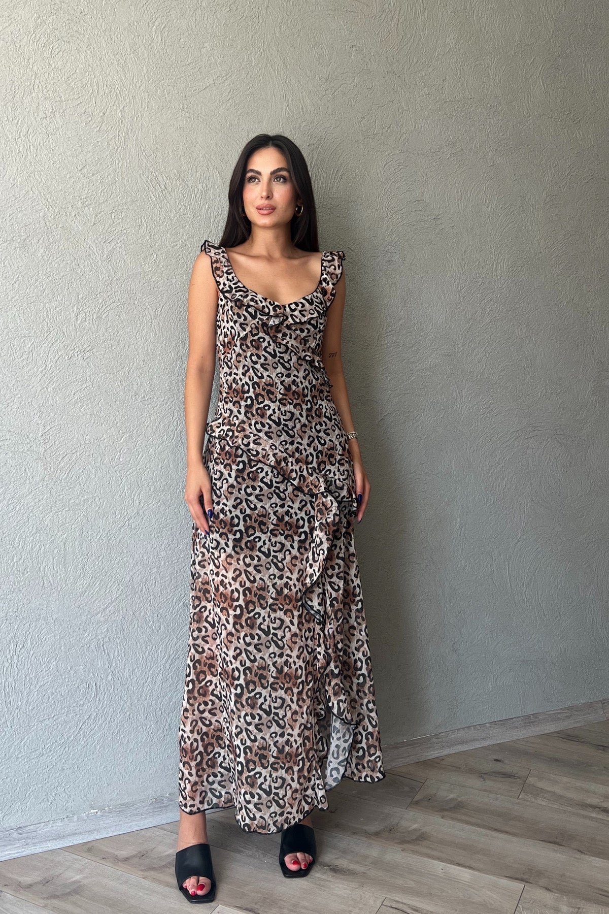 Leopar Fırfırlı Astarlı Tül Elbise SY-2252-Leopar