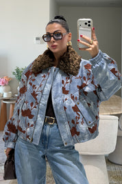 Çiçek İşlemeli Kürk Yakalı Denim Bomber Ceket Mavi SY-3851-Mavi