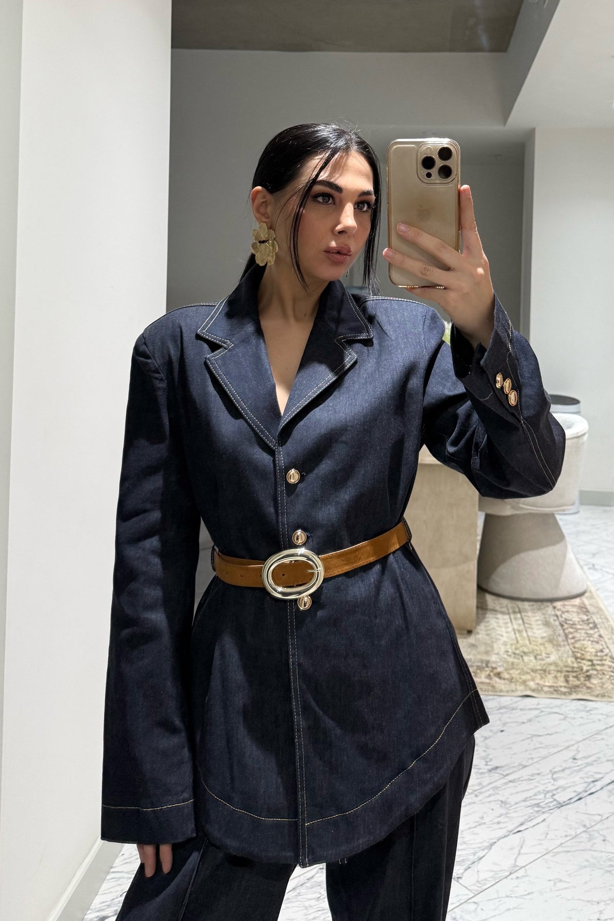 Kadın Kemerli Fit Denim Ceket ve Pantolon Takım SY-3534-Lacivert