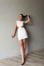 Ekru Pencere Toka Detaylı Tasarım Elbise SY-1781-Ekru