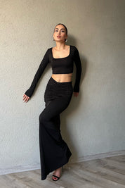 Siyah  Uzun Kollu Kare Yaka Crop ve Büzgülü Etek Takım SY-1285-Siyah