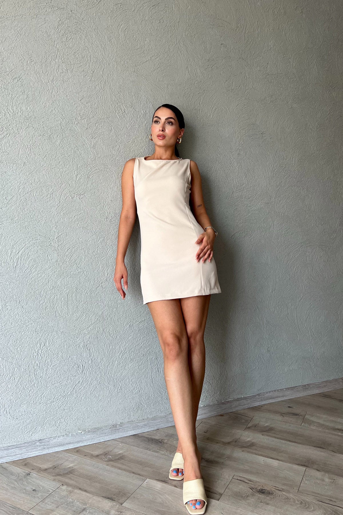 Bej Sıfır Kol Mini Elbise SY-2276-Bej