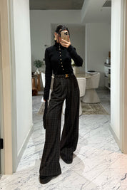 Antrasit Yüksek Bel Ekoseli Kahve Çizgili Pantolon SY-3524-Antasit