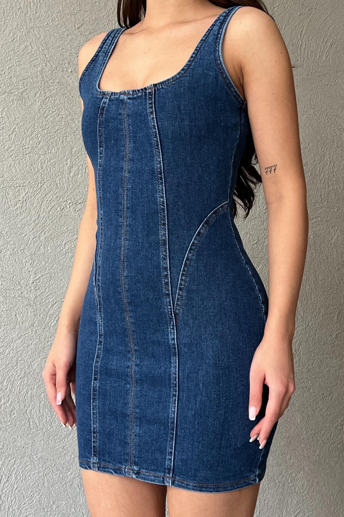 Koyu Mavi Askılı Mini Denim Elbise SY-0561-Koyu Mavi