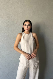 Bej Verev Kesim Bluz Pantolon Takım SY-2356-Bej