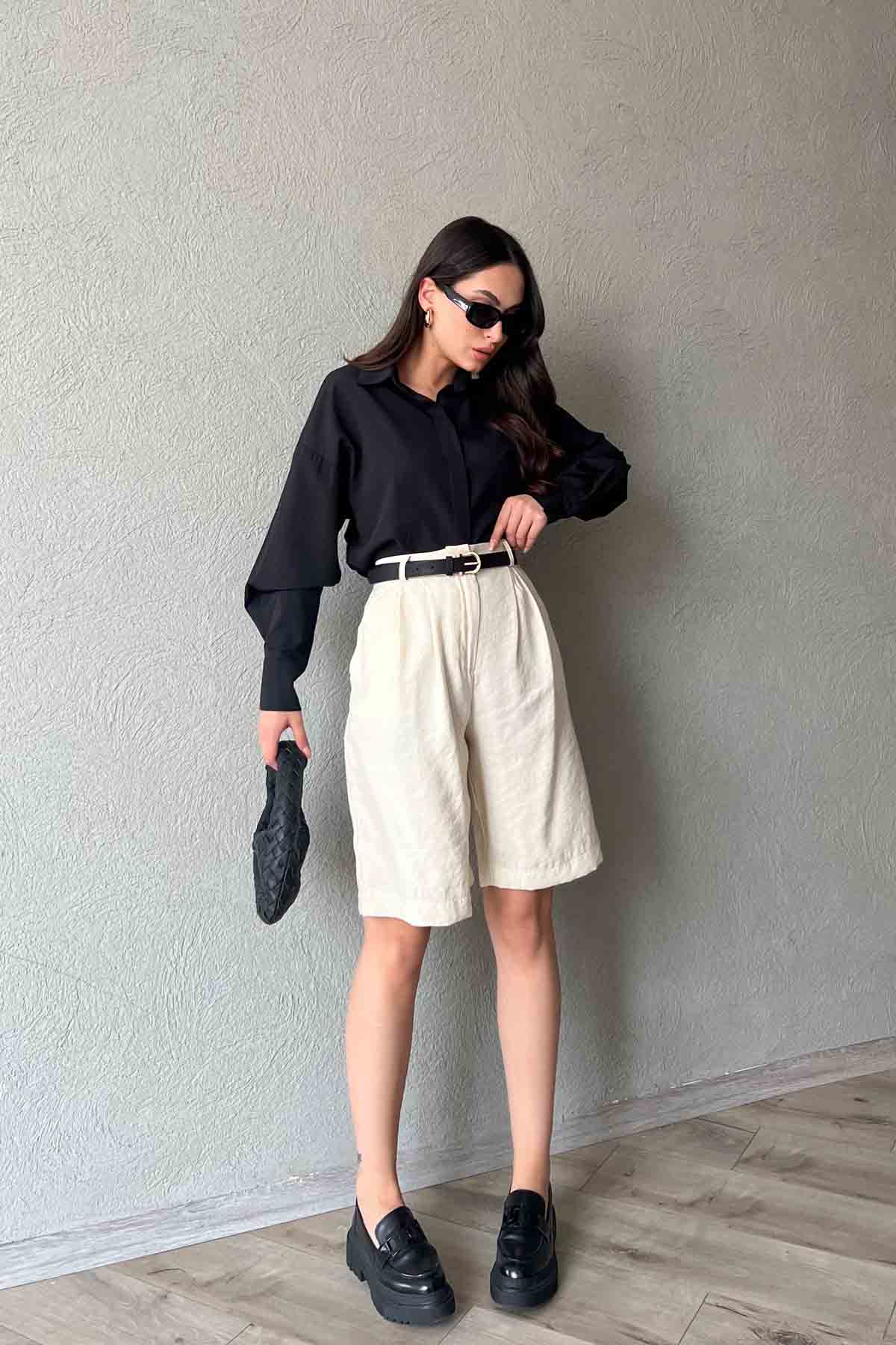 Bej Çift Pile Detaylı Basic Bermuda Şort SY-2010-Bej