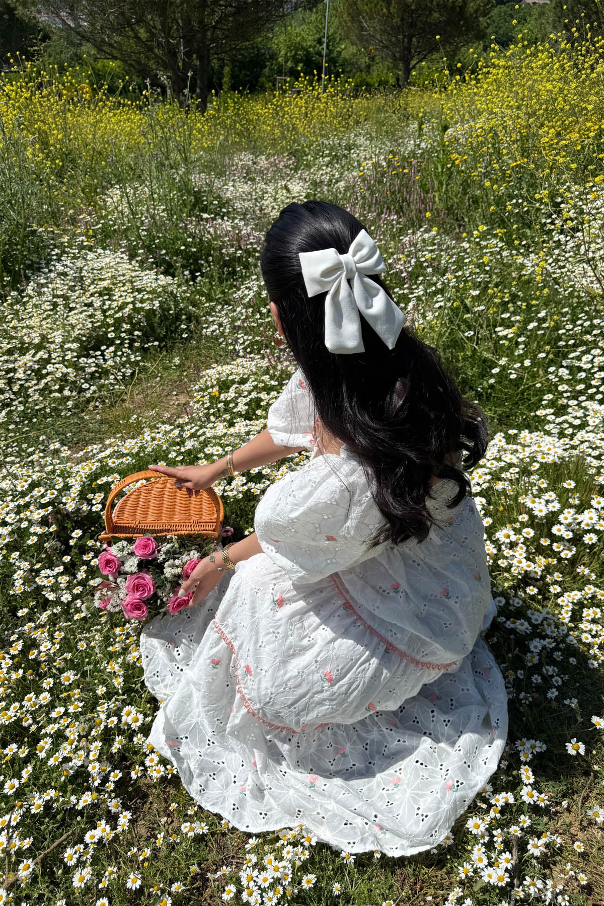 Beyaz Pembe Çiçekli Balon Kol Elbise SY-2267-Beyaz