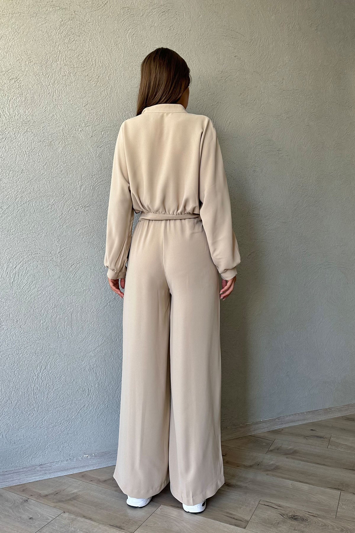 Bej Düğme Detaylı Gömlek ve Beli Lastikli Pantolon Takım SY-0976-Bej