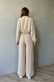 Bej Düğme Detaylı Gömlek ve Beli Lastikli Pantolon Takım SY-0976-Bej
