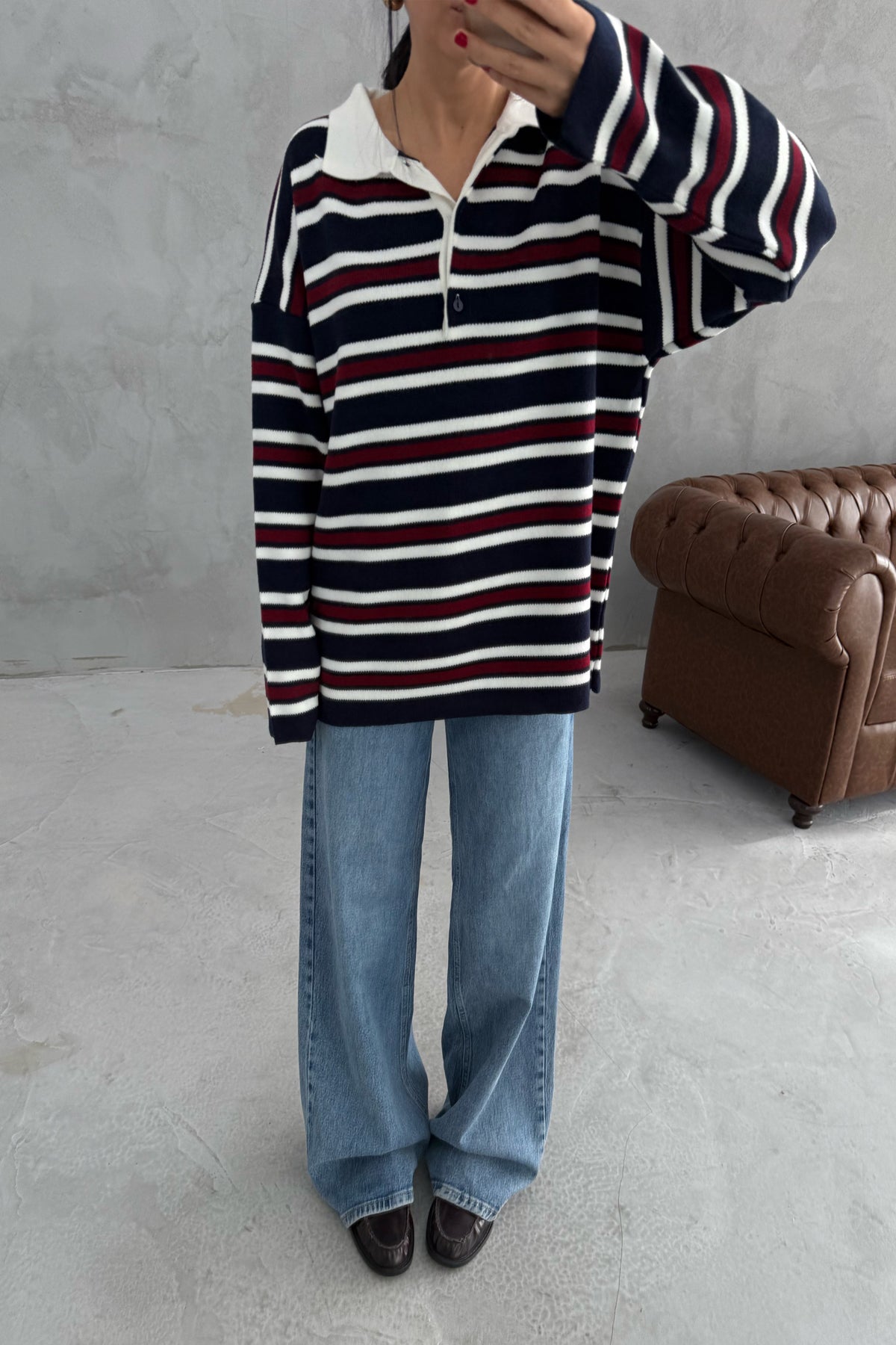 Bordo-Lacivert Polo Yaka Çizgili Kazak SY-3475-Lacivert