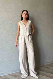 Taş Pile Detaylı Rahat Kesim Keten Pantolon SY-2097-Taş