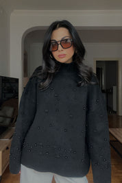 Siyah İnci Detaylı Yarım Balıkçı Triko Kazak SY-2741-Siyah