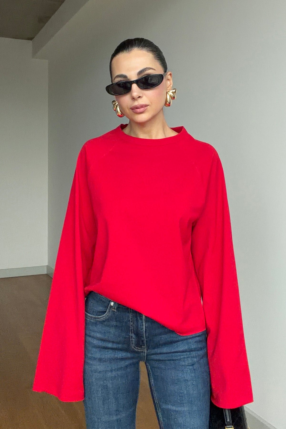 Kırmızı Oversize İspanyol Kol Basic T-Shirt SY-3846-Kırmızı