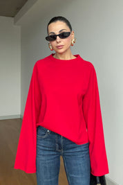 Kırmızı Oversize İspanyol Kol Basic T-Shirt SY-3846-Kırmızı