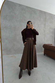 Kahverengi Ekoseli Cepli Midi Etek SY-3467-Kahve