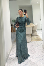 Yeşil Önü Büzgü Detaylı Elbise SY-3628-Yeşil