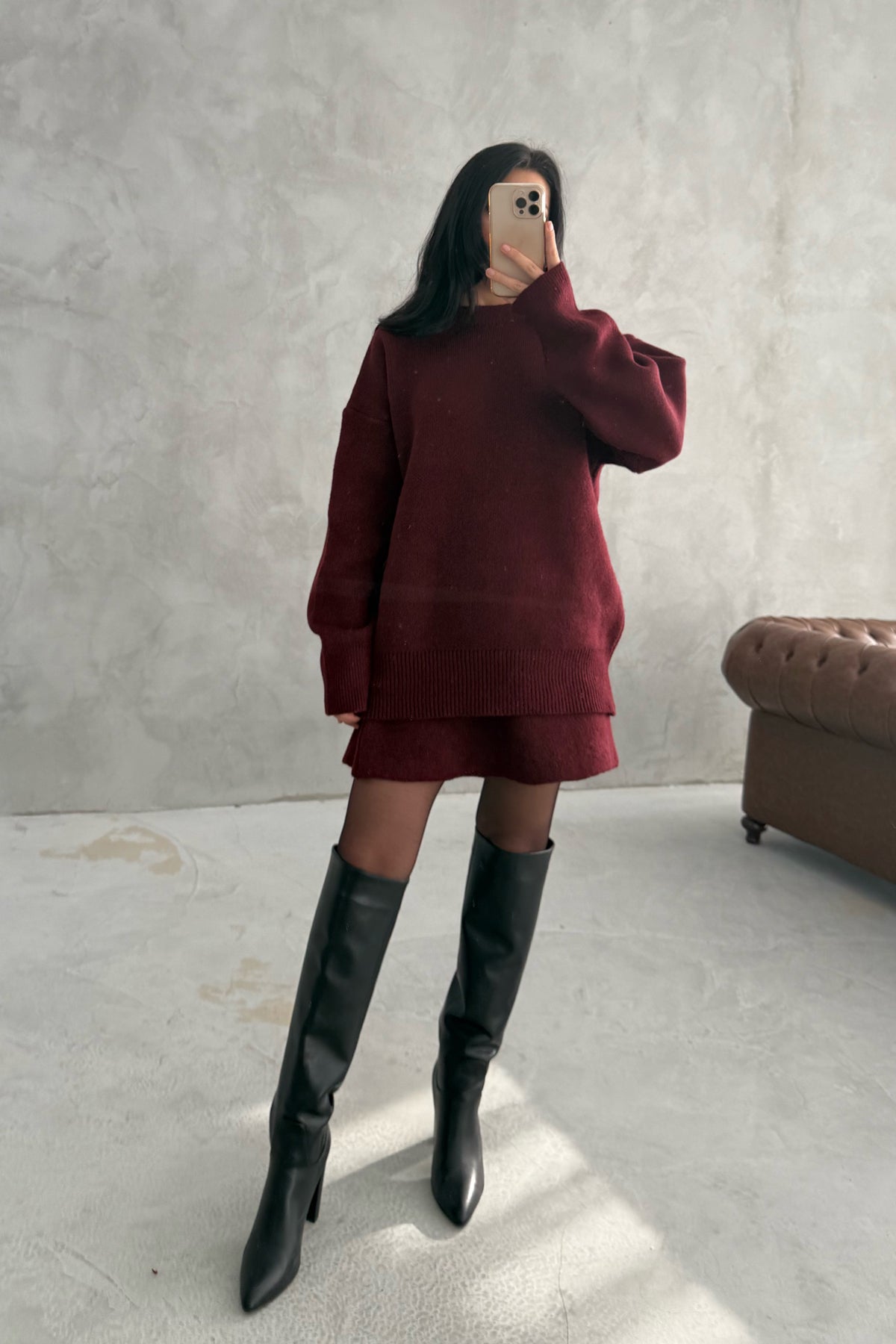 Bordo Bisiklet Yaka Mini Etek Kazak Takım SY-2811-Bordo