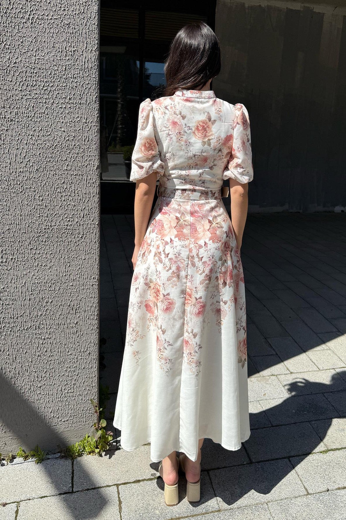 Gold Kemerli Çiçek Desenli Kloş Uzun Elbise (Kemersiz) SY-3378