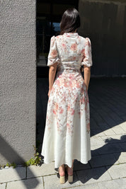 Gold Kemerli Çiçek Desenli Kloş Uzun Elbise (Kemersiz) SY-3378