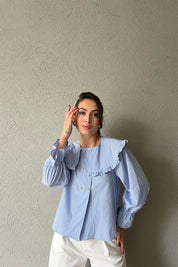 Mavi Taş Düğme ve Yaka Detaylı ZR Bluz SY-1695-Mavi