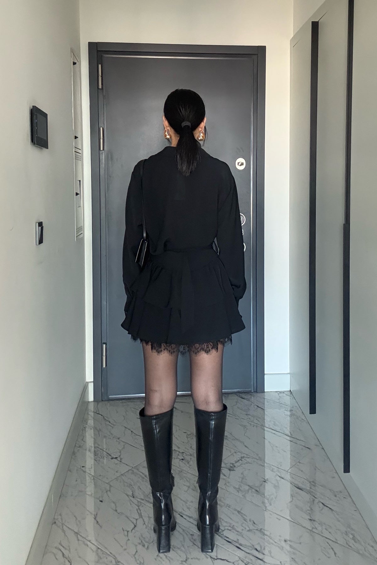 Dantel Detaylı Kemerli Siyah Mini Elbise SY-3490-Siyah