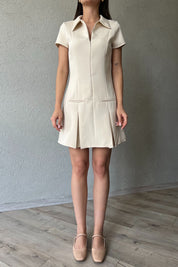 Bej Önü Fermuarlı Cep Detaylı Gömlek Yaka Elbise SY-1802-Bej