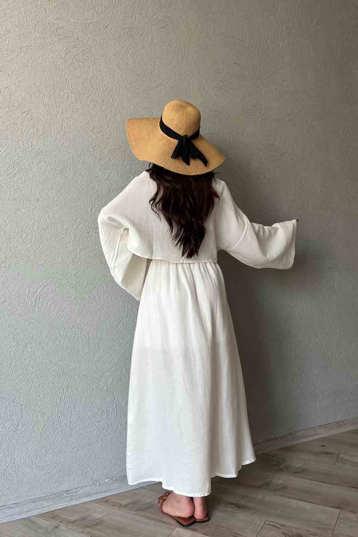 Bej Geniş Kol Detaylı Eteği Yırtmaçlı Müslin Takım SY-1905-Bej