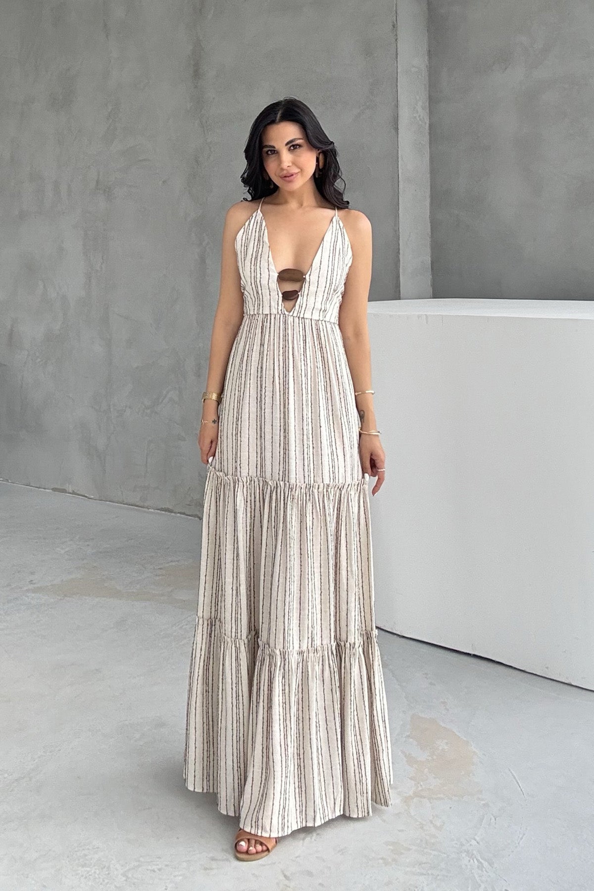 Kahve Boncuk Detaylı Elbise SY-3211-Kahve