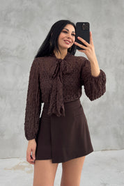 Kahverengi Bağlama Detaylı Dantel Bluz SY-3636-Kahverengi