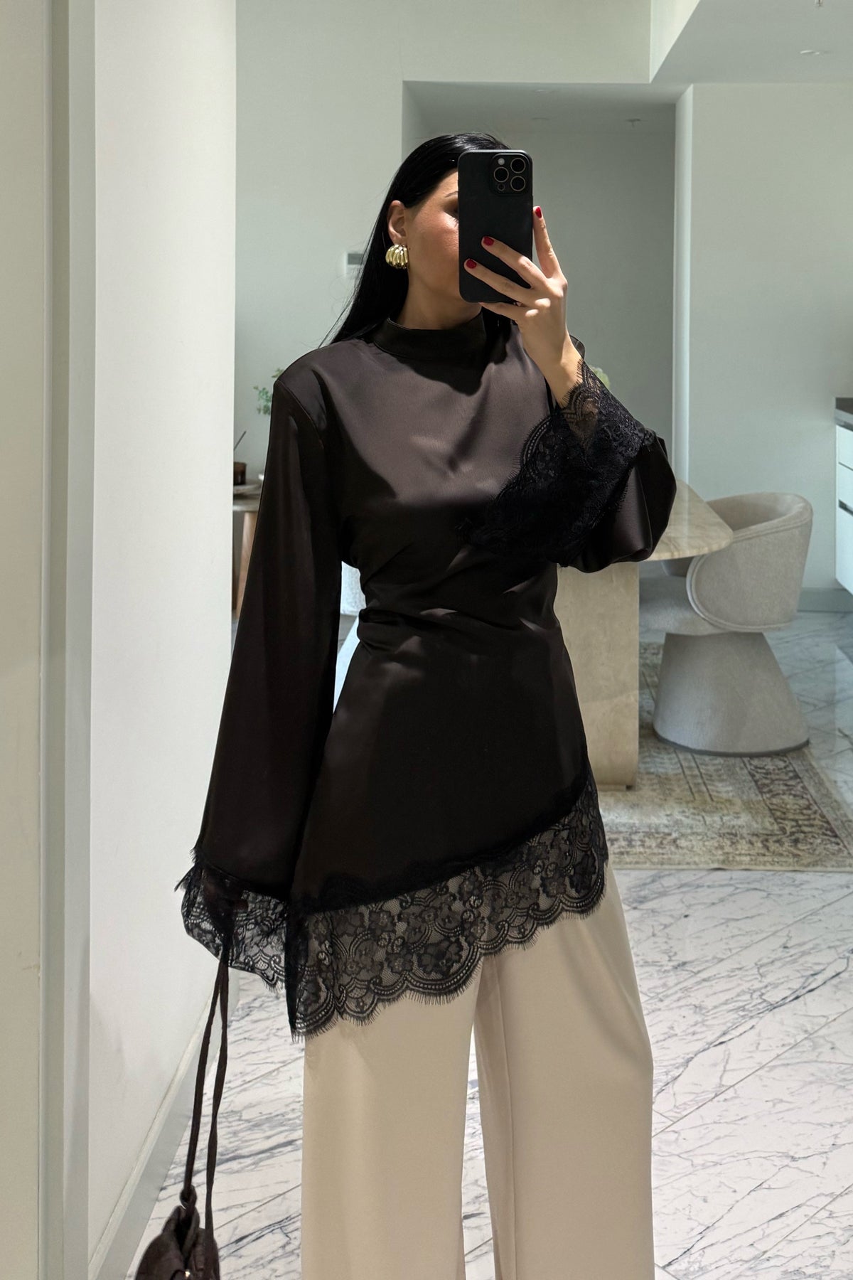 Dantelli Saten KahverengiTasarım Bluz SY-3662-Kahverengi