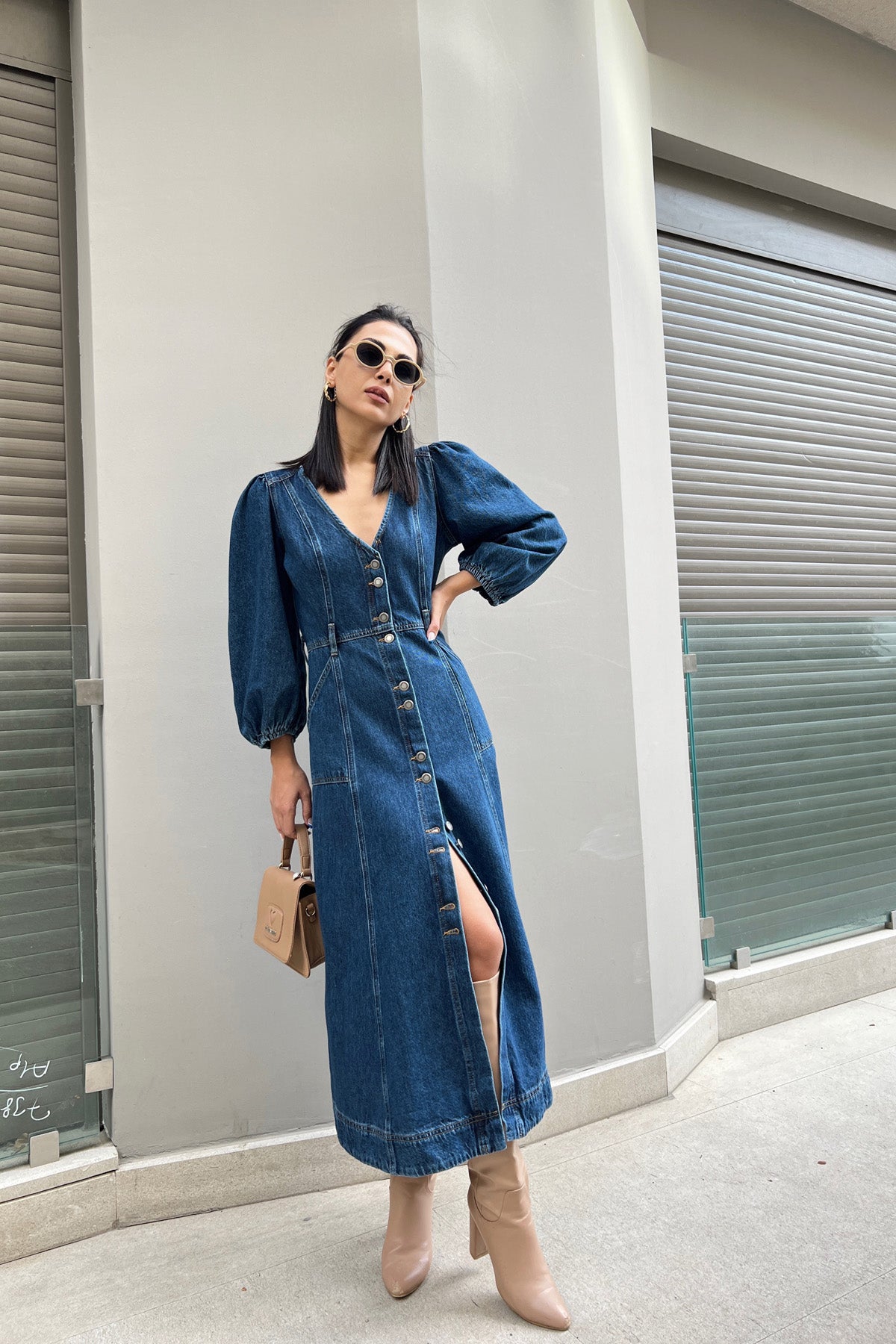 Balon Kol Kot Elbise SY-0297-Mavi