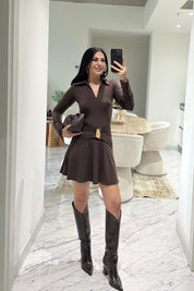 Toka Detaylı Yakalı Elbise Kahve SY-3623-Kahve