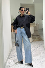 Mavi Taş Detaylı Wide Leg Jean SY-3629-Mavi