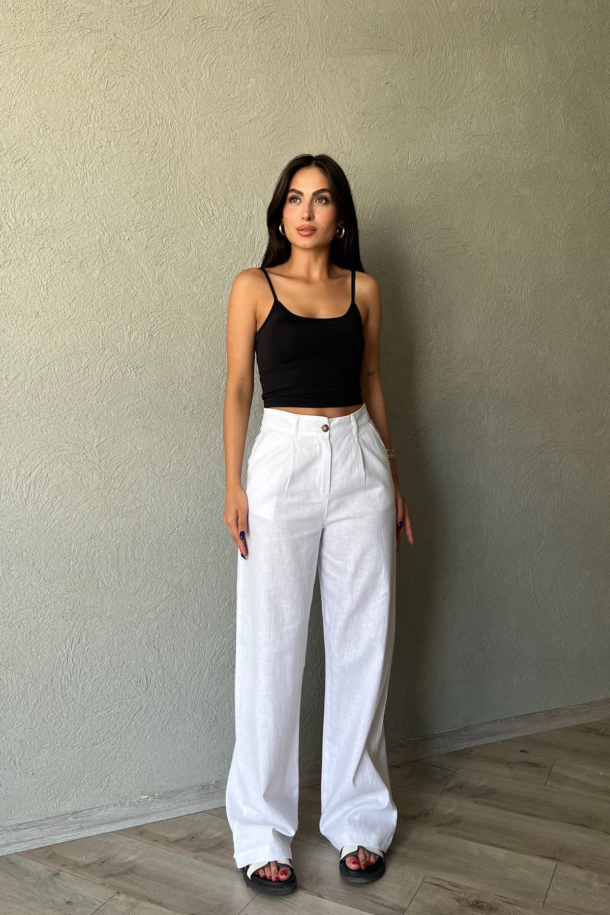 Beyaz Ham Keten Bol Paça Palazzo Pantolon SY-2238-Beyaz