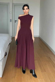 Bordo Kayık Yaka Bel Detaylı Pileli Elbise SY-2962-Bordo