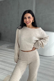 Bej Kayık Yaka Kazak ve Triko Pantolon Takım SY-3429-Bej