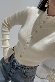 Ekru Dik Yaka Çıtçıtlı Triko Kazak SY-3502-Ekru