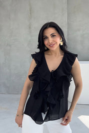 Siyah Fırfırlı Bağlama Detaylı Bluz SY-3165-Siyah