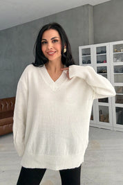 Ekru V Yaka Oversize Pinterest Triko Kazak SY-3348-Ekru