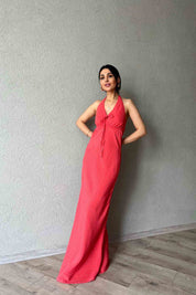 Kırmızı Puantiyeli Boyundan Bağlama Detaylı Elbise SY-2033-Kırmızı