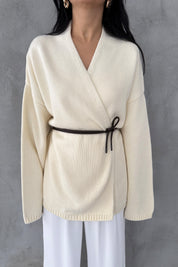 Krem Deri Kemerli Triko Hırka SY-3405-Krem