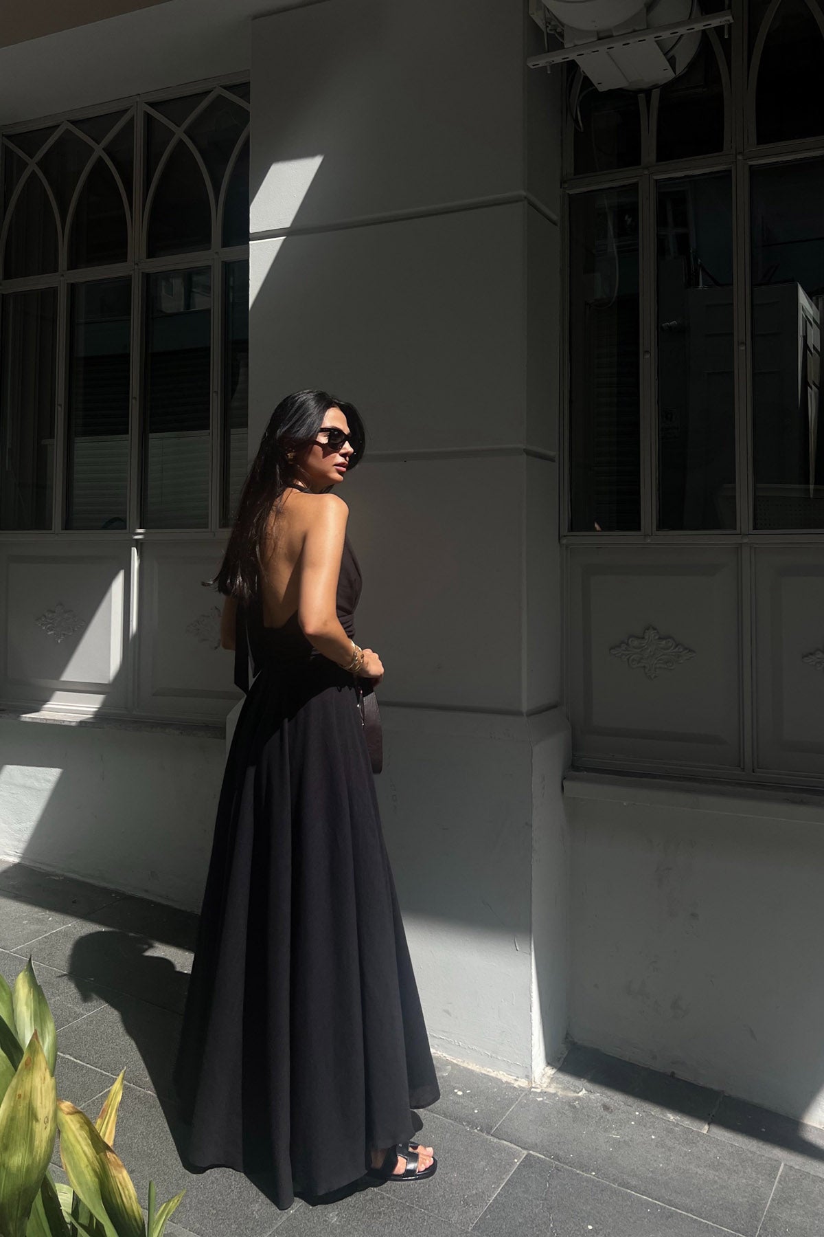 Siyah Puglia Tasarım Sırt Detaylı Keten Elbise SY-2263-Siyah