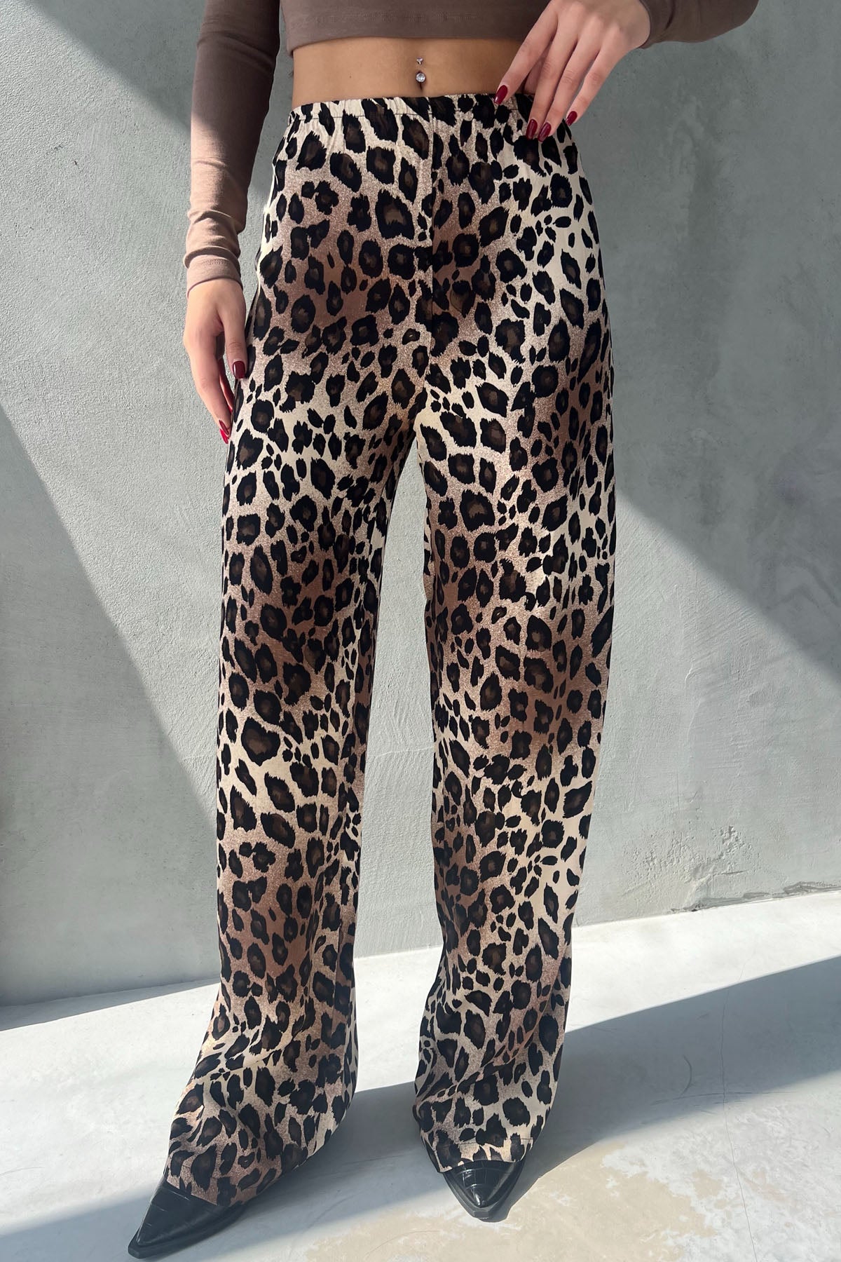 Leopar Desen Beli Lastikli Saten Pantolon SY-2660-Leopar