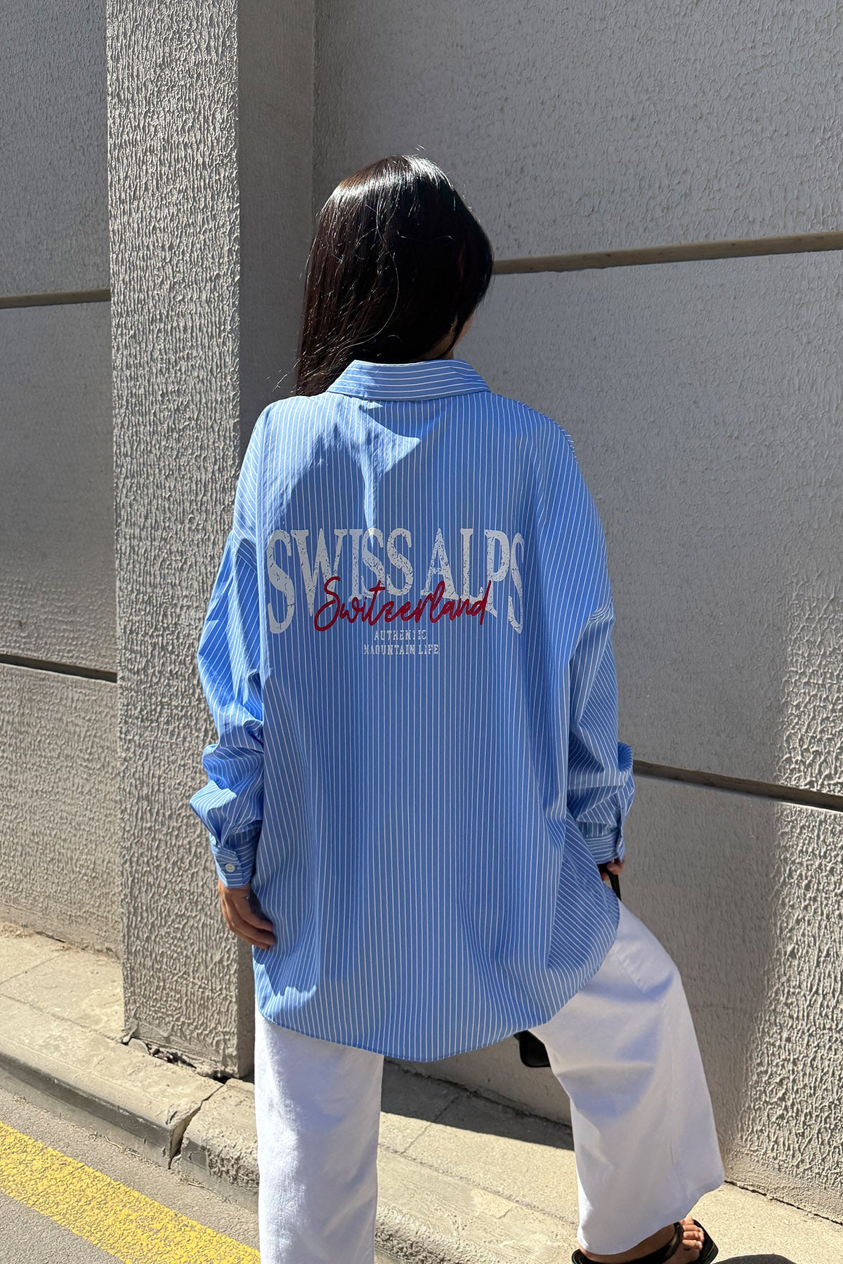 Mavi Çizgili Sırt Baskılı Uzun Kol Gömlek SY-3320-Mavi