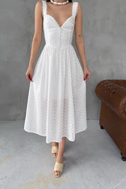 Beyaz Askılı Midi Boy Brode Elbise SY-3068-Beyaz