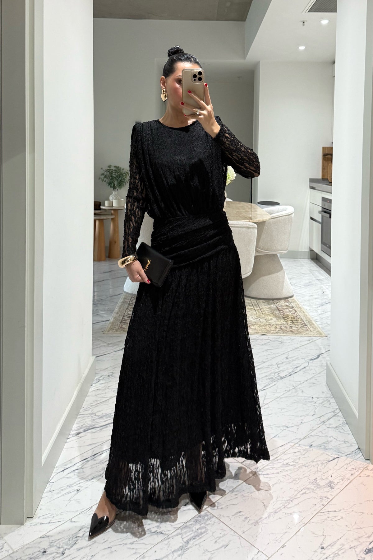 Siyah Güpürli Maxi Tasarım Elbise SY-3503-Siyah