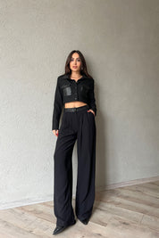 Siyah Deri Detaylı Cepli Düğmeli Crop Ceket SY-1342-Siyah