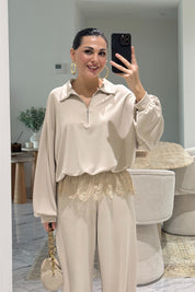 Bej Dantel Detaylı Eşofman10Takım SY-3627-Bej